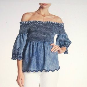 Michael Stars Denim Smocked Off-The-Shoulder Top